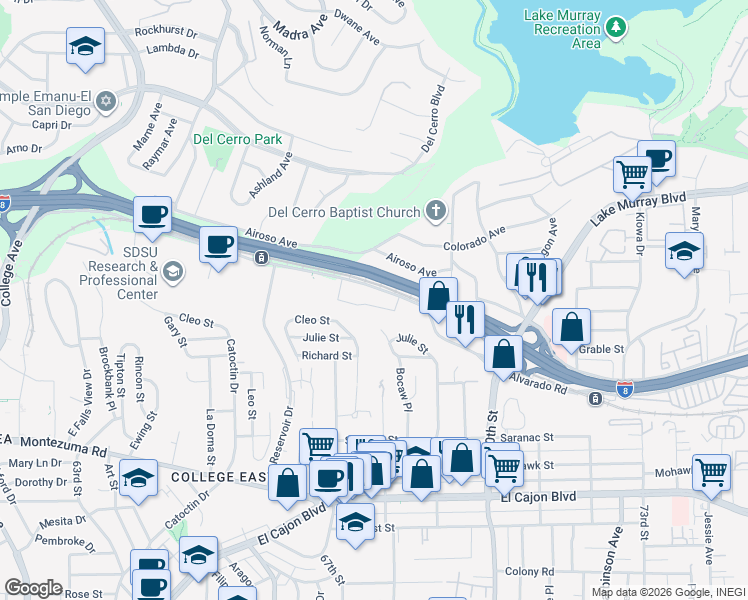 map of restaurants, bars, coffee shops, grocery stores, and more near 6799 Alvarado Road in San Diego