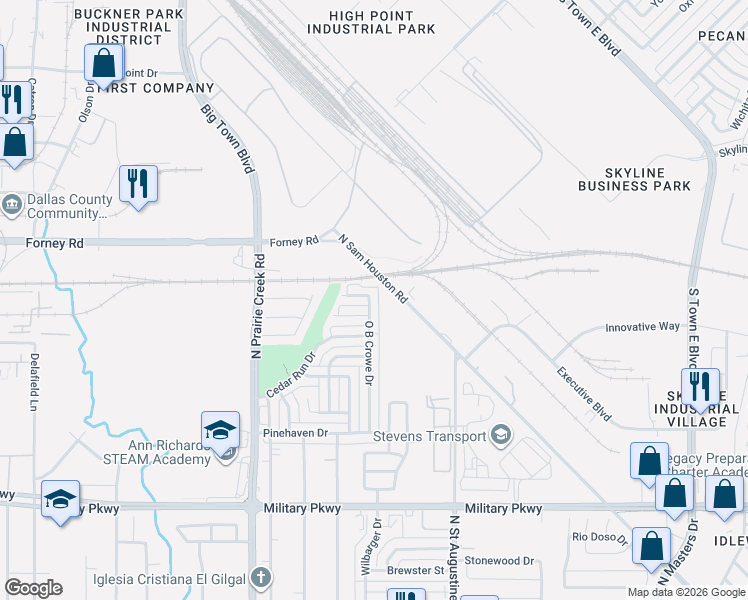map of restaurants, bars, coffee shops, grocery stores, and more near 4400 North Sam Houston Road in Dallas