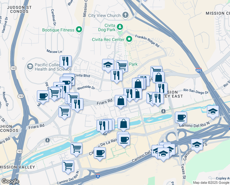 map of restaurants, bars, coffee shops, grocery stores, and more near 2350 Russell Park Way in San Diego