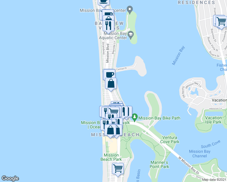 map of restaurants, bars, coffee shops, grocery stores, and more near 3382 Bayside Lane in San Diego