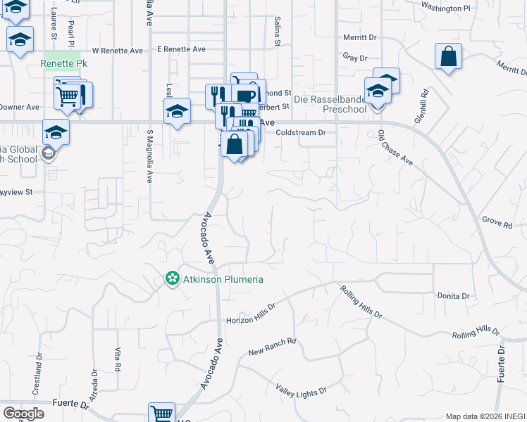 map of restaurants, bars, coffee shops, grocery stores, and more near 5346 Grandridge Road in El Cajon