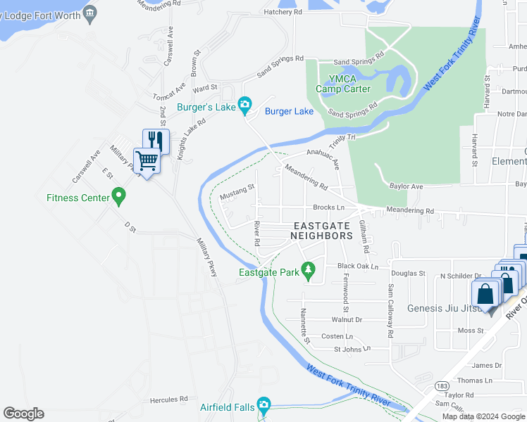 map of restaurants, bars, coffee shops, grocery stores, and more near 6161 Brocks Lane in Fort Worth