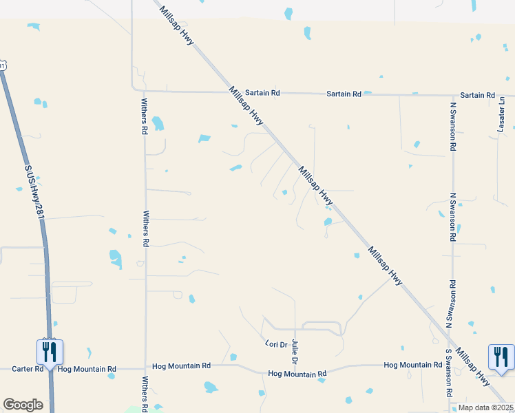 map of restaurants, bars, coffee shops, grocery stores, and more near 912 Millsap Highway in Mineral Wells