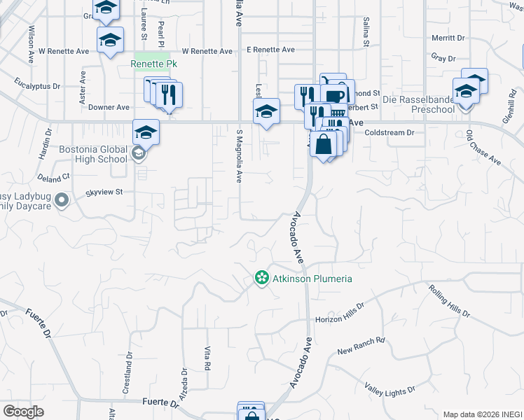 map of restaurants, bars, coffee shops, grocery stores, and more near 204 Cajon View Drive in El Cajon