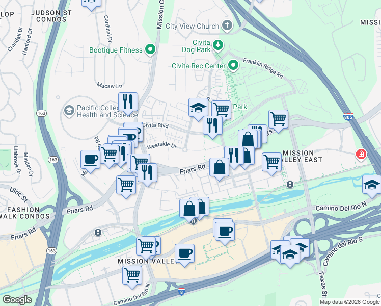 map of restaurants, bars, coffee shops, grocery stores, and more near 2355 Via Alta in San Diego