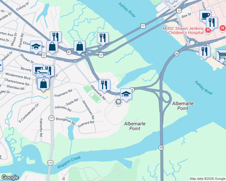 map of restaurants, bars, coffee shops, grocery stores, and more near 11 Mizzen Mast Drive in Charleston