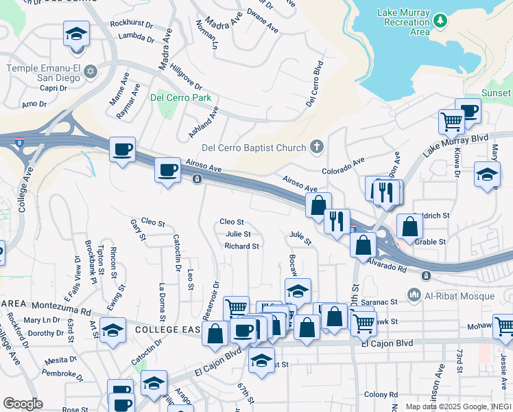 map of restaurants, bars, coffee shops, grocery stores, and more near 6799 Alvarado Road in San Diego
