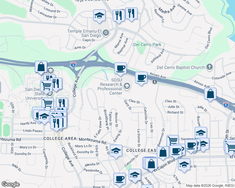 map of restaurants, bars, coffee shops, grocery stores, and more near 6367 Alvarado Court in San Diego