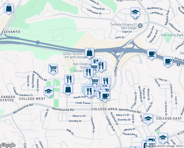map of restaurants, bars, coffee shops, grocery stores, and more near in San Diego