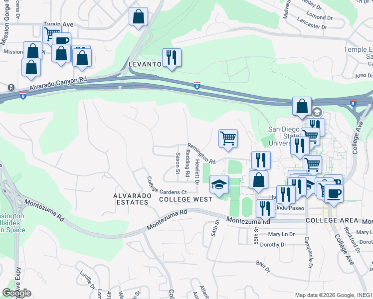 map of restaurants, bars, coffee shops, grocery stores, and more near 5230 Remington Road in San Diego