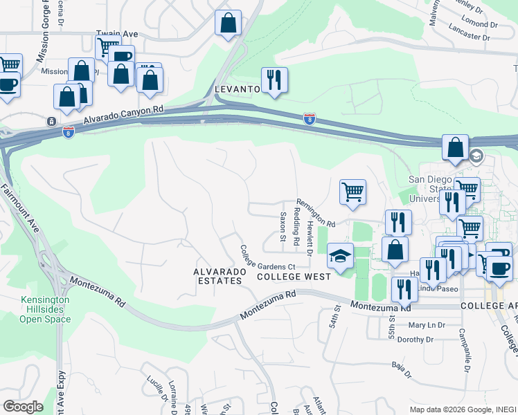 map of restaurants, bars, coffee shops, grocery stores, and more near 5140 Remington Road in San Diego