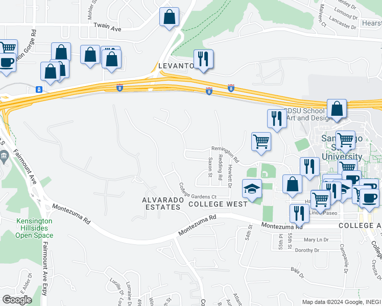 map of restaurants, bars, coffee shops, grocery stores, and more near 5140 Remington Road in San Diego