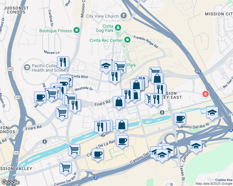 map of restaurants, bars, coffee shops, grocery stores, and more near 7995 Civita Boulevard in San Diego