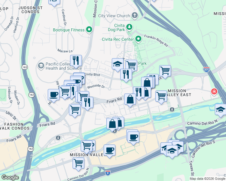 map of restaurants, bars, coffee shops, grocery stores, and more near 2356 Via Alta in San Diego