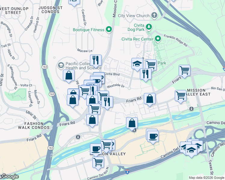 map of restaurants, bars, coffee shops, grocery stores, and more near 7790 Westside Drive in San Diego