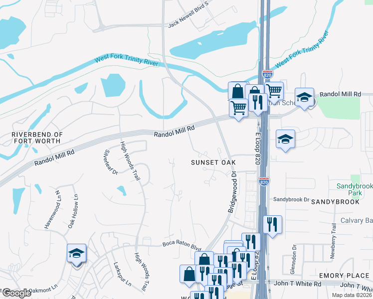 map of restaurants, bars, coffee shops, grocery stores, and more near 101 Sunset Oak Drive in Fort Worth
