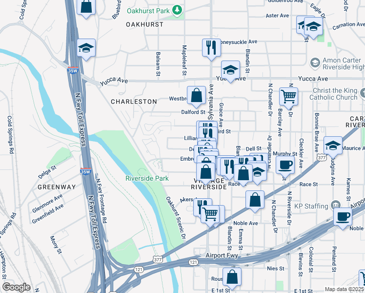 map of restaurants, bars, coffee shops, grocery stores, and more near 2411 Lillian Street in Fort Worth