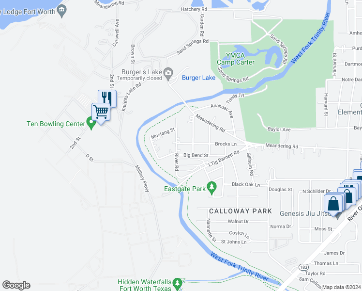 map of restaurants, bars, coffee shops, grocery stores, and more near 928 River Road in Fort Worth