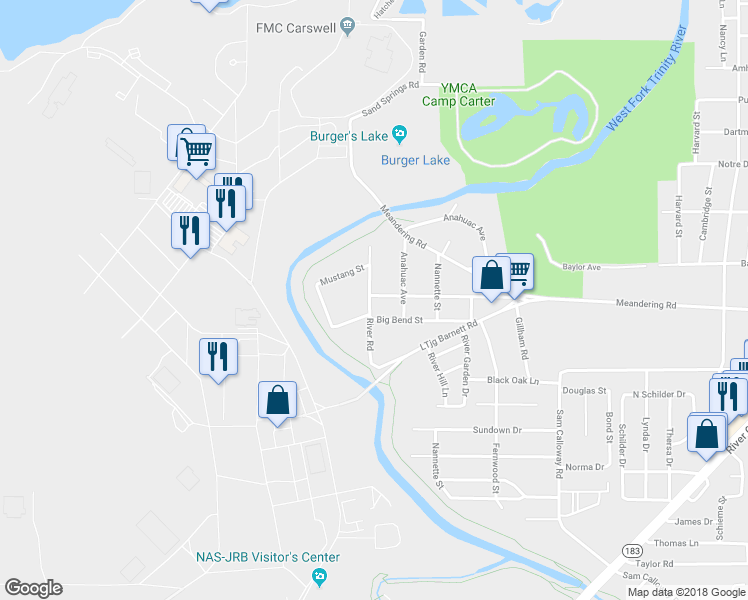 map of restaurants, bars, coffee shops, grocery stores, and more near 928 River Road in Fort Worth
