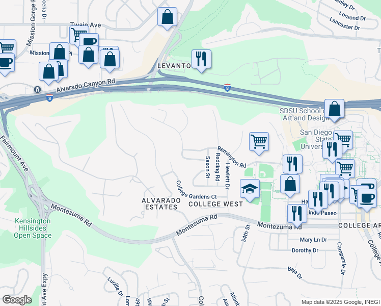 map of restaurants, bars, coffee shops, grocery stores, and more near 5140 Remington Road in San Diego