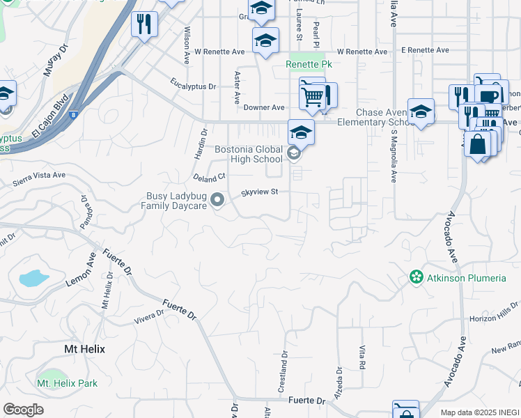 map of restaurants, bars, coffee shops, grocery stores, and more near 1543 Kimberly Woods Drive in El Cajon