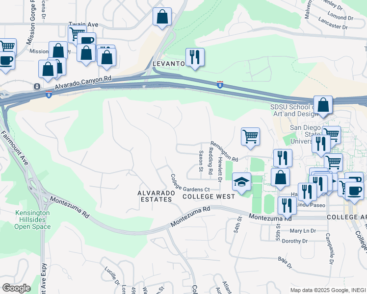 map of restaurants, bars, coffee shops, grocery stores, and more near 5140 Remington Road in San Diego