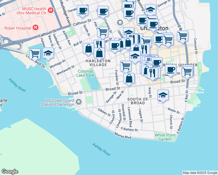 map of restaurants, bars, coffee shops, grocery stores, and more near 176 Broad Street in Charleston
