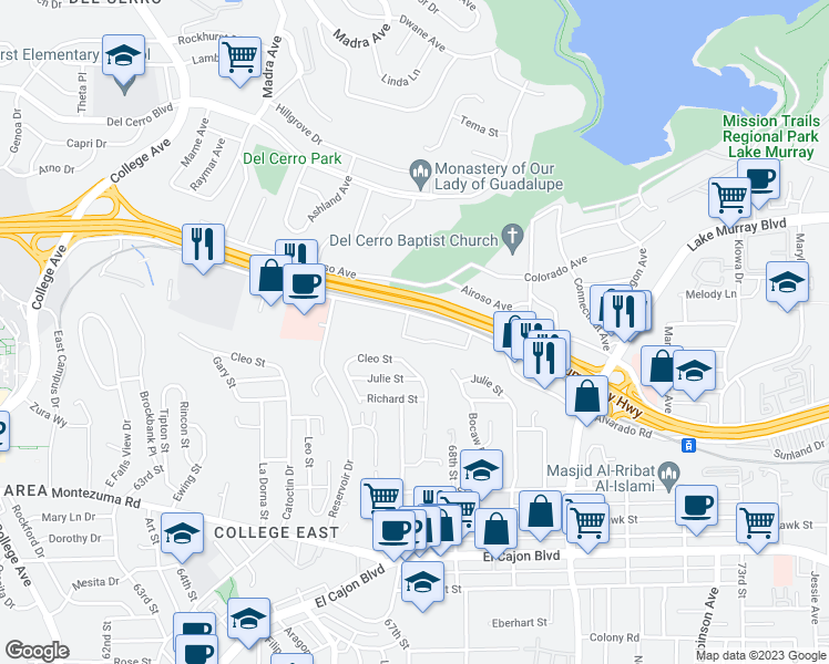 map of restaurants, bars, coffee shops, grocery stores, and more near 6799 Alvarado Road in San Diego