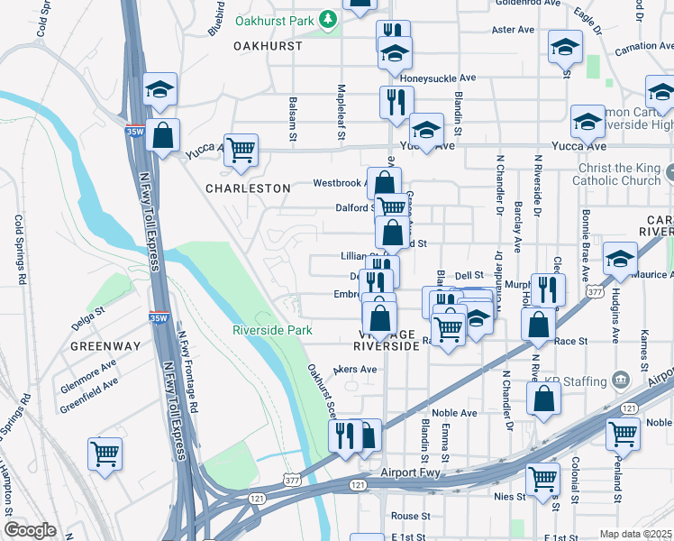 map of restaurants, bars, coffee shops, grocery stores, and more near 2411 Lillian Street in Fort Worth
