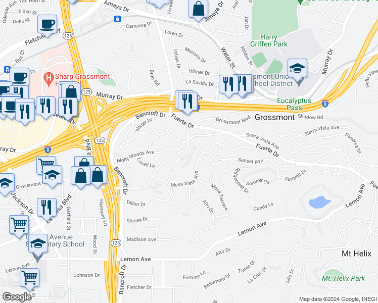 map of restaurants, bars, coffee shops, grocery stores, and more near 5348 Valle Vista in La Mesa