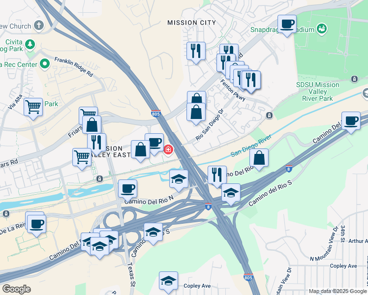 map of restaurants, bars, coffee shops, grocery stores, and more near 9095 Rio San Diego Drive in San Diego