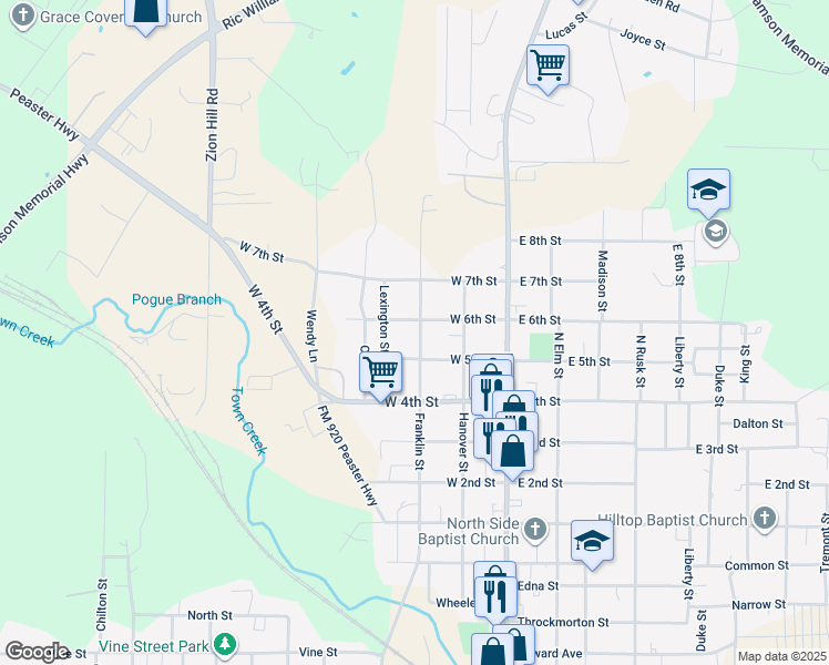 map of restaurants, bars, coffee shops, grocery stores, and more near 314 West 6th Street in Weatherford