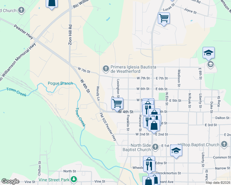 map of restaurants, bars, coffee shops, grocery stores, and more near 1501 Oliver Street in Weatherford
