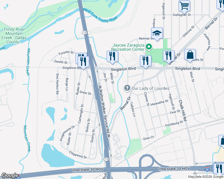 map of restaurants, bars, coffee shops, grocery stores, and more near 2711 Jim Street in Dallas