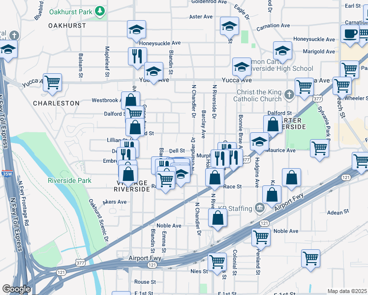 map of restaurants, bars, coffee shops, grocery stores, and more near 929 North Chandler Drive in Fort Worth