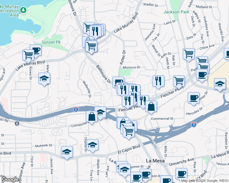 map of restaurants, bars, coffee shops, grocery stores, and more near 5350 Baltimore Drive in La Mesa