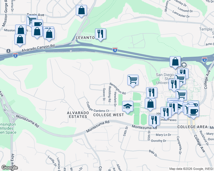 map of restaurants, bars, coffee shops, grocery stores, and more near 5230 Remington Road in San Diego