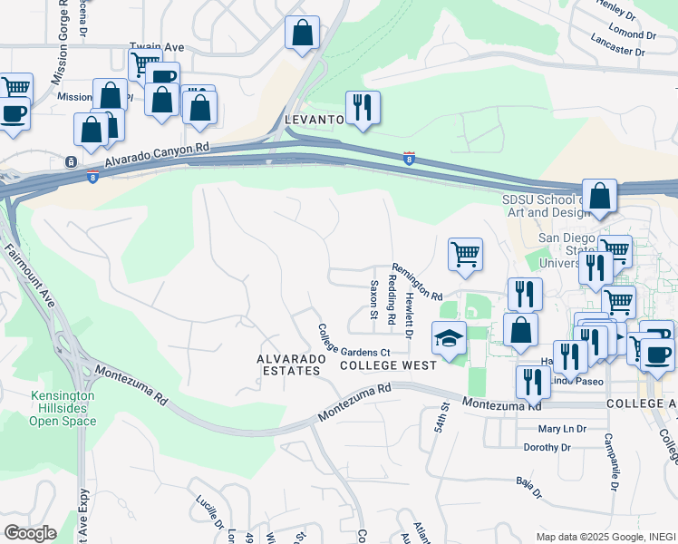 map of restaurants, bars, coffee shops, grocery stores, and more near 5140 Remington Road in San Diego