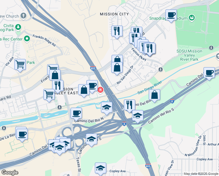 map of restaurants, bars, coffee shops, grocery stores, and more near in San Diego