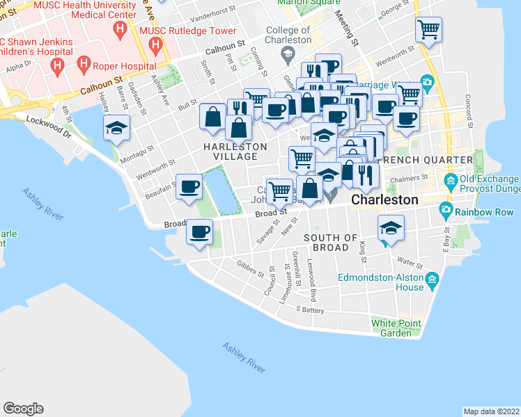 map of restaurants, bars, coffee shops, grocery stores, and more near in Charleston