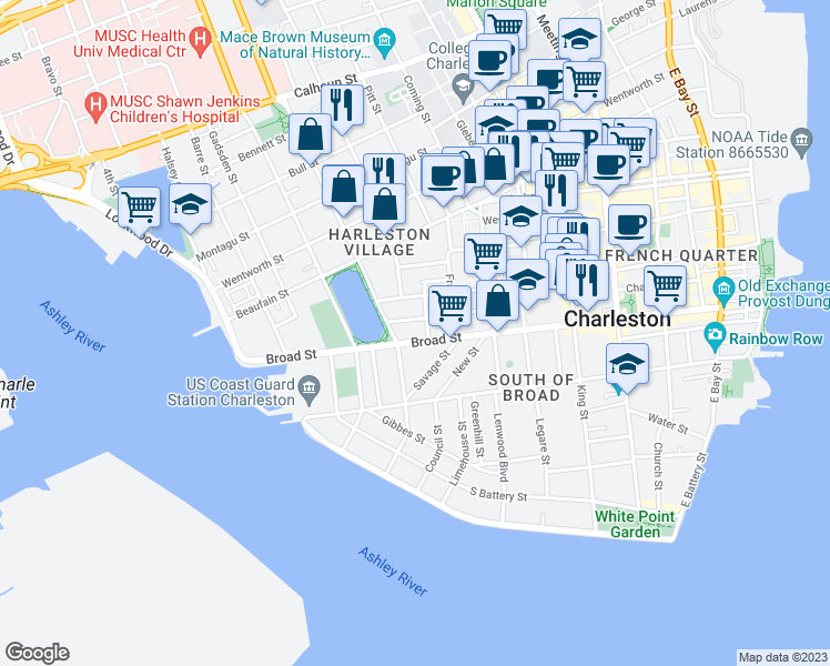 map of restaurants, bars, coffee shops, grocery stores, and more near 20 Trumbo Street in Charleston
