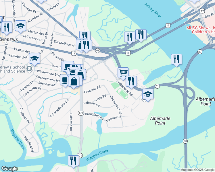 map of restaurants, bars, coffee shops, grocery stores, and more near 34 Jamestown Road in Charleston