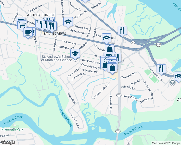 map of restaurants, bars, coffee shops, grocery stores, and more near 10 Sheridan Road in Charleston