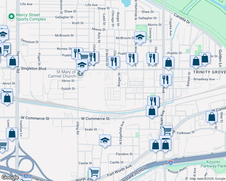 map of restaurants, bars, coffee shops, grocery stores, and more near 1314 Duluth Street in Dallas