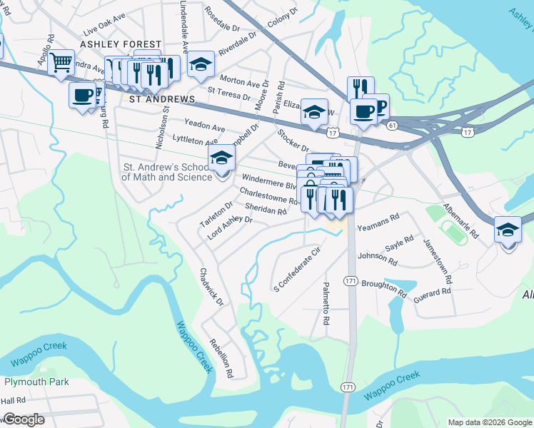map of restaurants, bars, coffee shops, grocery stores, and more near 10 Sheridan Road in Charleston