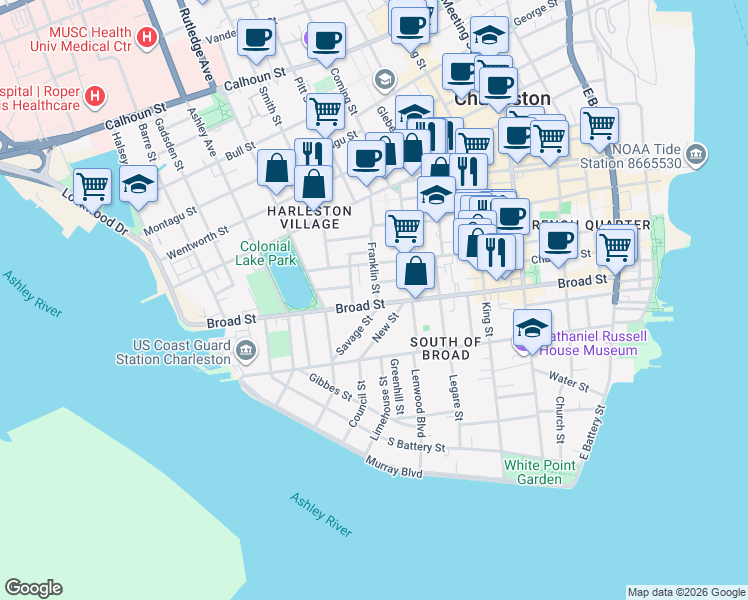 map of restaurants, bars, coffee shops, grocery stores, and more near in Charleston