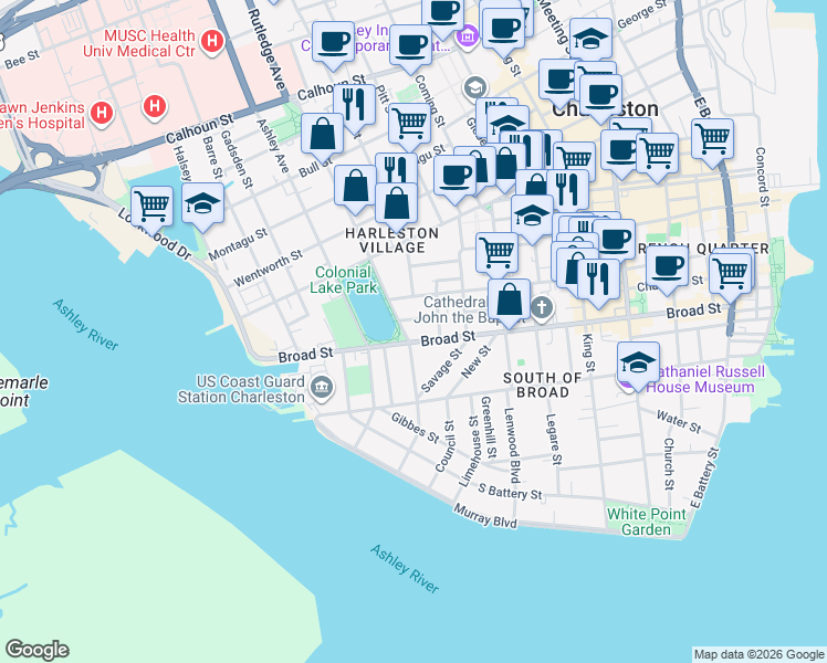 map of restaurants, bars, coffee shops, grocery stores, and more near 20 Trumbo Street in Charleston