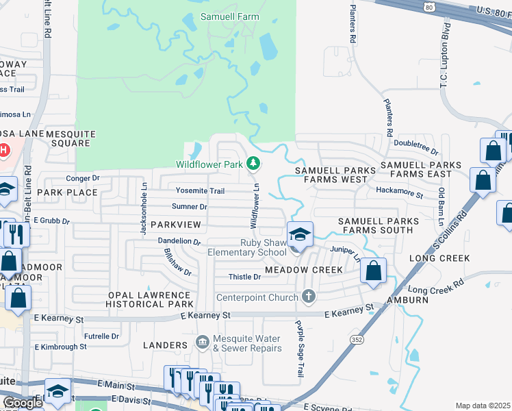 map of restaurants, bars, coffee shops, grocery stores, and more near Wildflower Lane in Mesquite