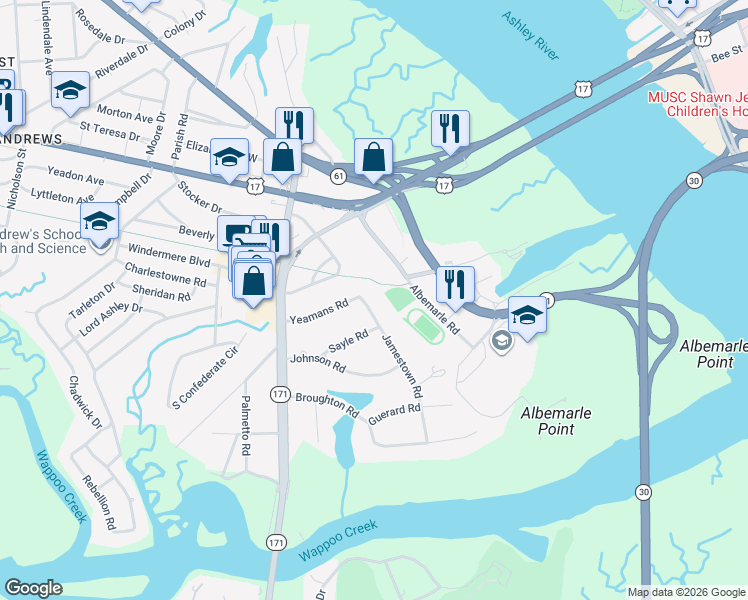 map of restaurants, bars, coffee shops, grocery stores, and more near 34 Jamestown Road in Charleston