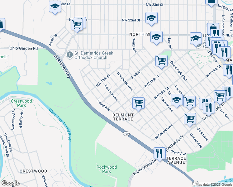 map of restaurants, bars, coffee shops, grocery stores, and more near 1111 Park Street in Fort Worth